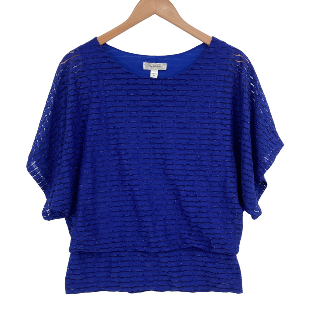Dressbarn Blouse Top Womens Petite PL Blue Round Neck Short Sleeve Pullover